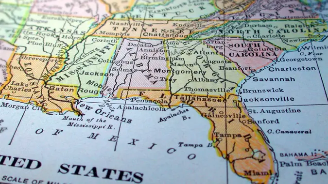 Map of the Southeast United States stock photo