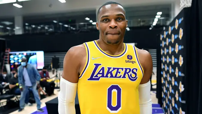 Mandatory Credit: Photo by Wally Skalij/Los Angeles Times/Shutterstock (12481887s)Lakers Russell Westbrook finishes an interview during media day at the UCLA Health Training Center in El Segundo Tuesday.