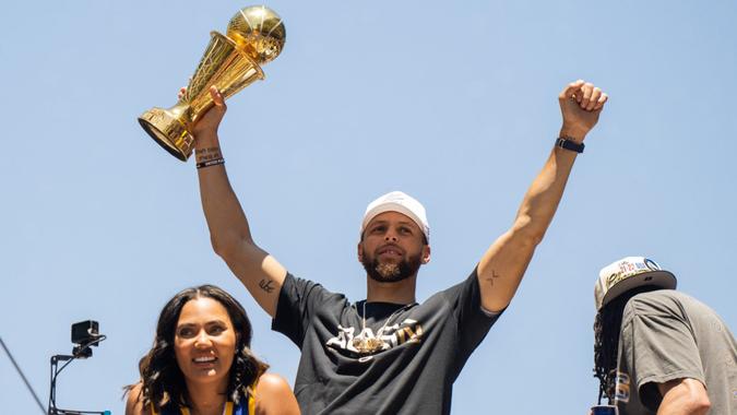 Mandatory Credit: Photo by Chris Tuite/ImageSPACE/Shutterstock (12993895am)Ayesha Curry and Stephen Curry celebrate on a float during the Golden State Warriors Championship Parade in San Francisco, CaliforniaGolden State Warriors Championship Parade, San Francisco, California, USA - 20 Jun 2022.