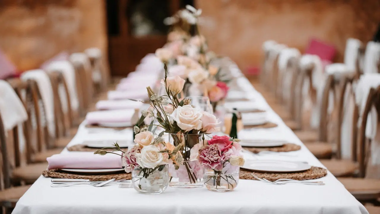 Beautiful laid boho wedding banquet table in Majorca.