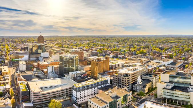 Aerial panorama of Allentown, Pennsylvania skyline on late sunny afternoon.