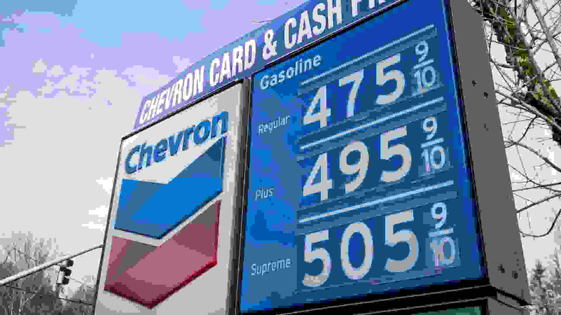 West Linn, OR, USA - Mar 11, 2022: The gas price sign at a Chevron gas station in West Linn, Oregon.