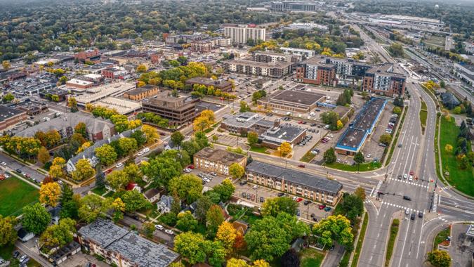 Aerial View of the Twin Cities Suburb of Hopkins, Minnesota.