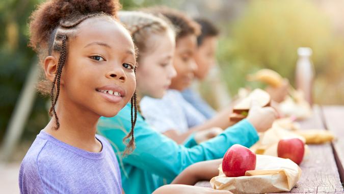Portrait Of Girl With Friends Eating Healthy Picnic At Outdoor Table In Countryside.