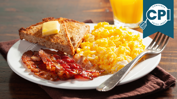 traditional scrambled egg breakfast with bacon and toast.