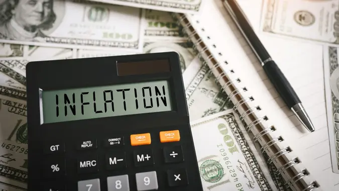 INFLATION word on calculator in idea for FED consider interest rate hike, world economics and inflation control, US dollar inflation.