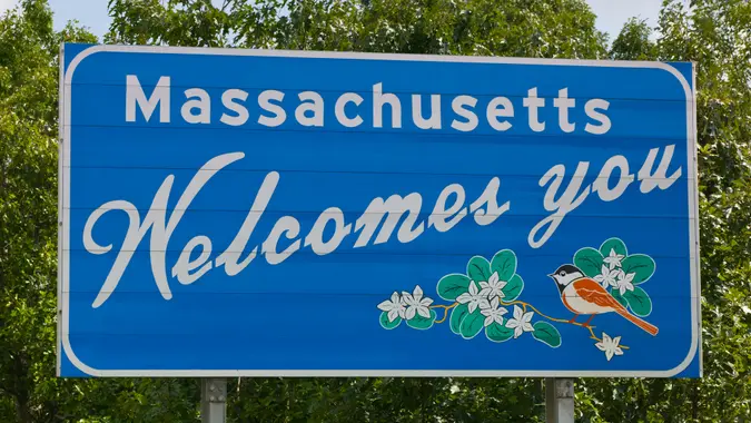 Welcome to Massachusetts road sign.