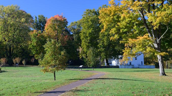 Autumn scenery at Washington's Headquarters in Valley Forge National Historic Park, King of Prussia, Pennsylvania, USA.