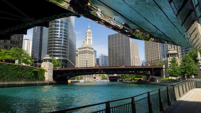 Off of the Chicago River as the sun lights up the city.