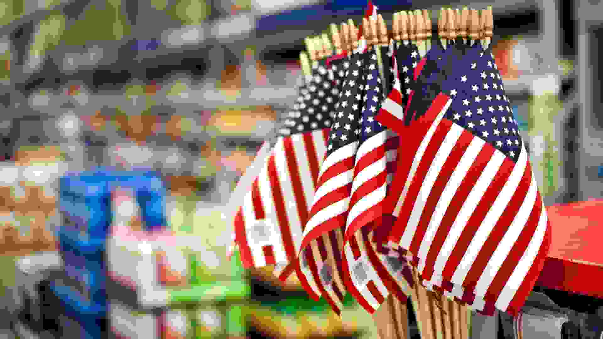 American flags for sale in a Megastore.