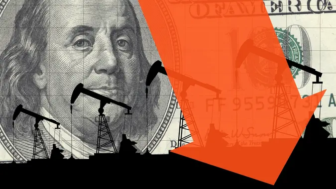 Oil industry crisis concept. Drop in oil prices. Oil stock crisis. Oil price falling down graph stock photo