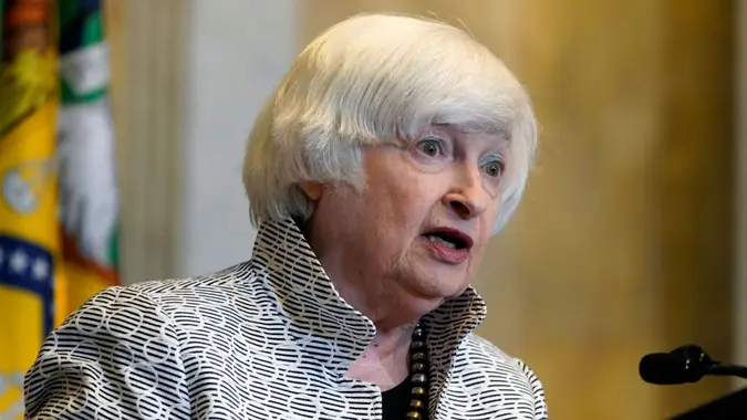 Mandatory Credit: Photo by Jacquelyn Martin/AP/Shutterstock (13053878aa)Treasury Secretary Janet Yellen speaks about the economy during a news conference at the Treasury Department, in WashingtonYellen Economy, Washington, United States - 28 Jul 2022.