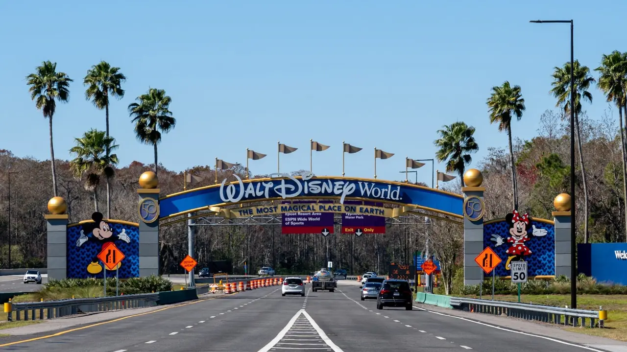 Orlando, Florida, USA - February 9, 2022:  A Walt Disney World entrance arch gate in Orlando, Florida, USA.
