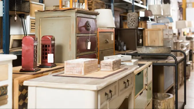 Wide selection of vintage furniture and home design objects in  store.