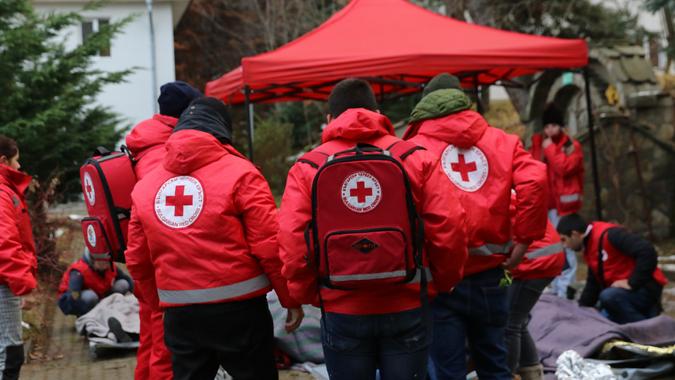 Sofia, Bulgaria - December 5, 2018: Volunteers from the organization of the Bulgarian Red Cross participate in training with a fire service.