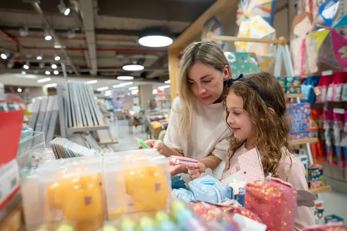 Happy mother and daughter shopping at a store and buying stationery - school supplies concepts.