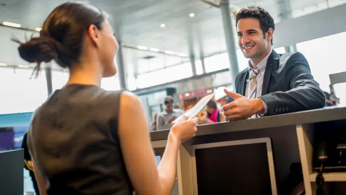 Business man doing check-in stock photo