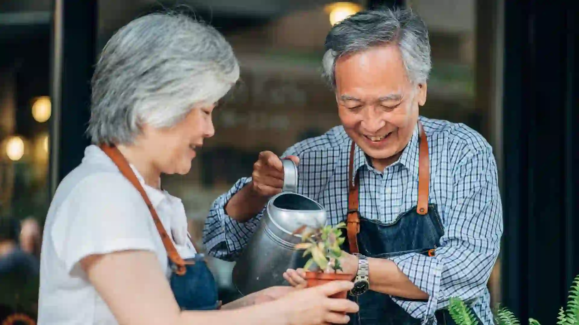 Man and woman, senior Taiwanese couple watering plants together.