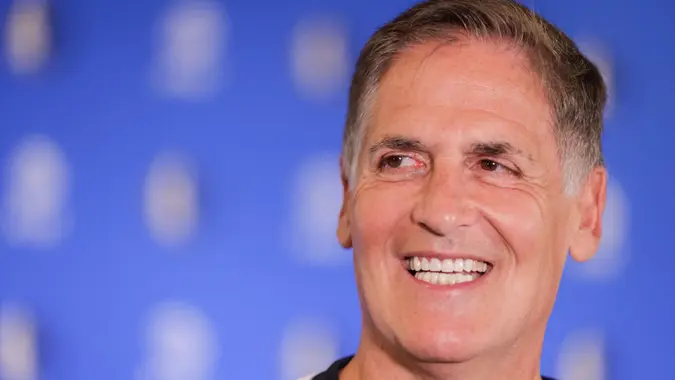 Mandatory Credit: Photo by Luka Dakskobler/SOPA Images/Shutterstock (12256057y)Mavericks owner Mark Cuban seen smiling at a press conference after Luka Doncic's signing of a 5-year extension contract with Maverics.