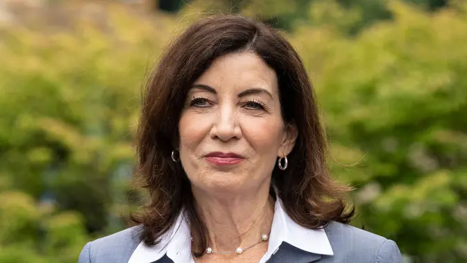 Mandatory Credit: Photo by Lev Radin/Pacific Press/Shutterstock (12996714j)Governor Kathy Hochul speaks to media after announcement during groundbreaking for Regeneron facilities at company campus in Tarrytown.