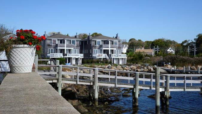 wood dock by an inlet in Stonington Connecticut.