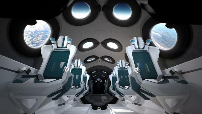 Mandatory Credit: Photo by ABACA/Shutterstock (13071574b) EDITORIAL USE ONLY - HANDOUT - Photo undated Interior of Virgin Galactic spaceship cabin.