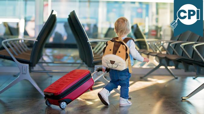 Children, traveling together, waiting at the airport to board the plane.