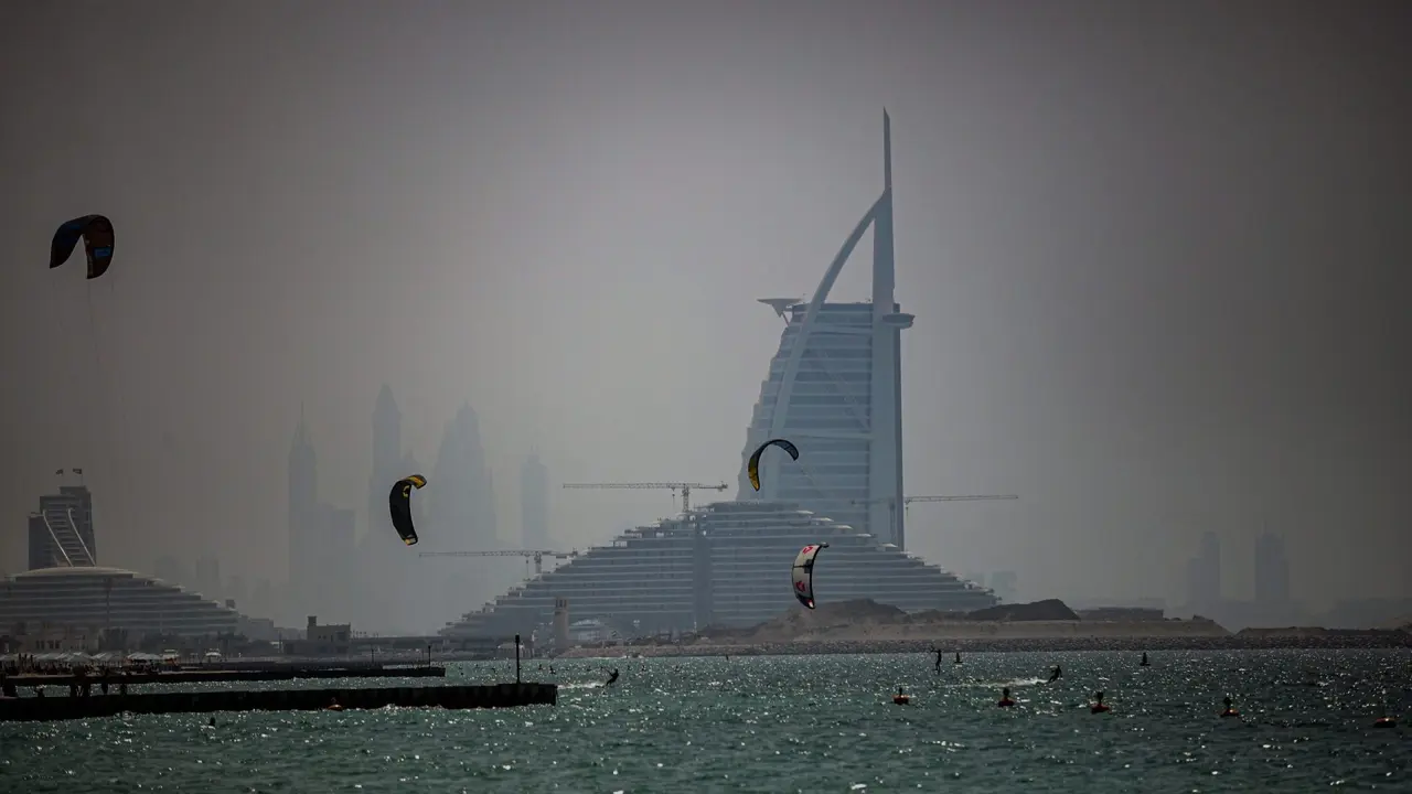 Mandatory Credit: Photo by ALI HAIDER/EPA-EFE/Shutterstock (13400137e)The luxury Burj Al Arab hotel in the background as people enjoy water sports at Dubai Inshore in Gulf emirate of Dubai, United Arab Emirates on 18 September 2022.