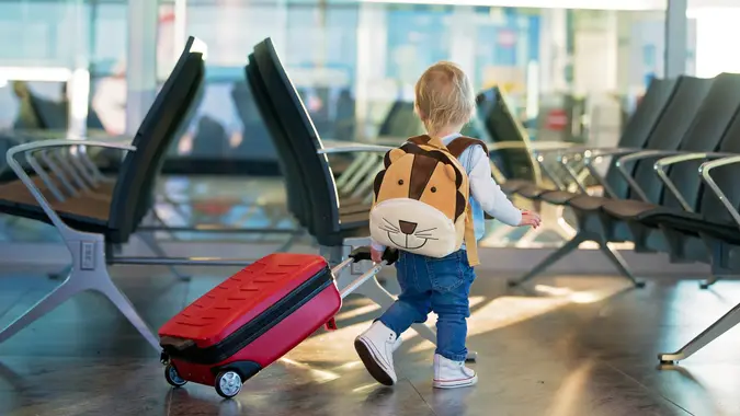 Children, traveling together, waiting at the airport to board the aircraft.