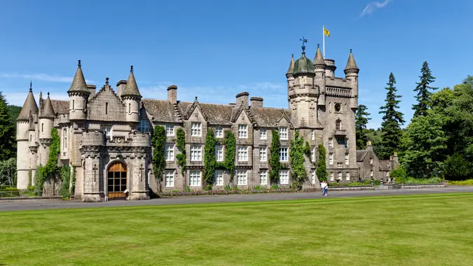 Balmoral Scottish Royal Scots baronial revival style castle and grounds in summer; Europe Great Britain, Scotland, Aberdeenshire, the Balmoral castle, summer residence of the British Royal Family - 17th of July 2021.