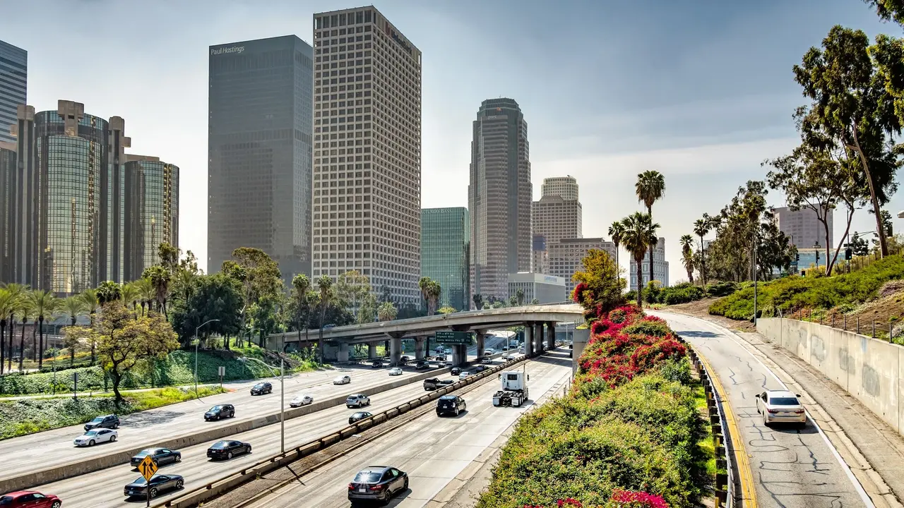 Los Angeles Downtown Skyline Freeway 110 stock photo