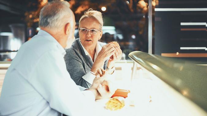 Senior couple at a diner. stock photo