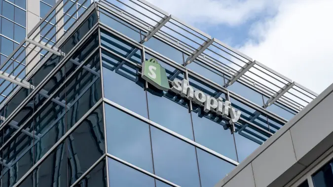 Ottawa, Ontario, Canada - August 9, 2020: Shopify sign on their headquarters building in Ottawa, Ontario, Canada on August 9, 2020.