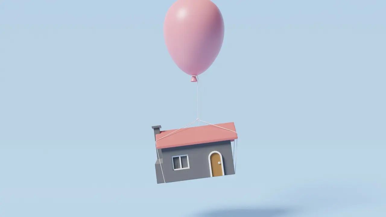 House flying with air balloon, rising of real estate price due to inflation, overvalued property or asset bubble concept, 3d render illustration. stock photo