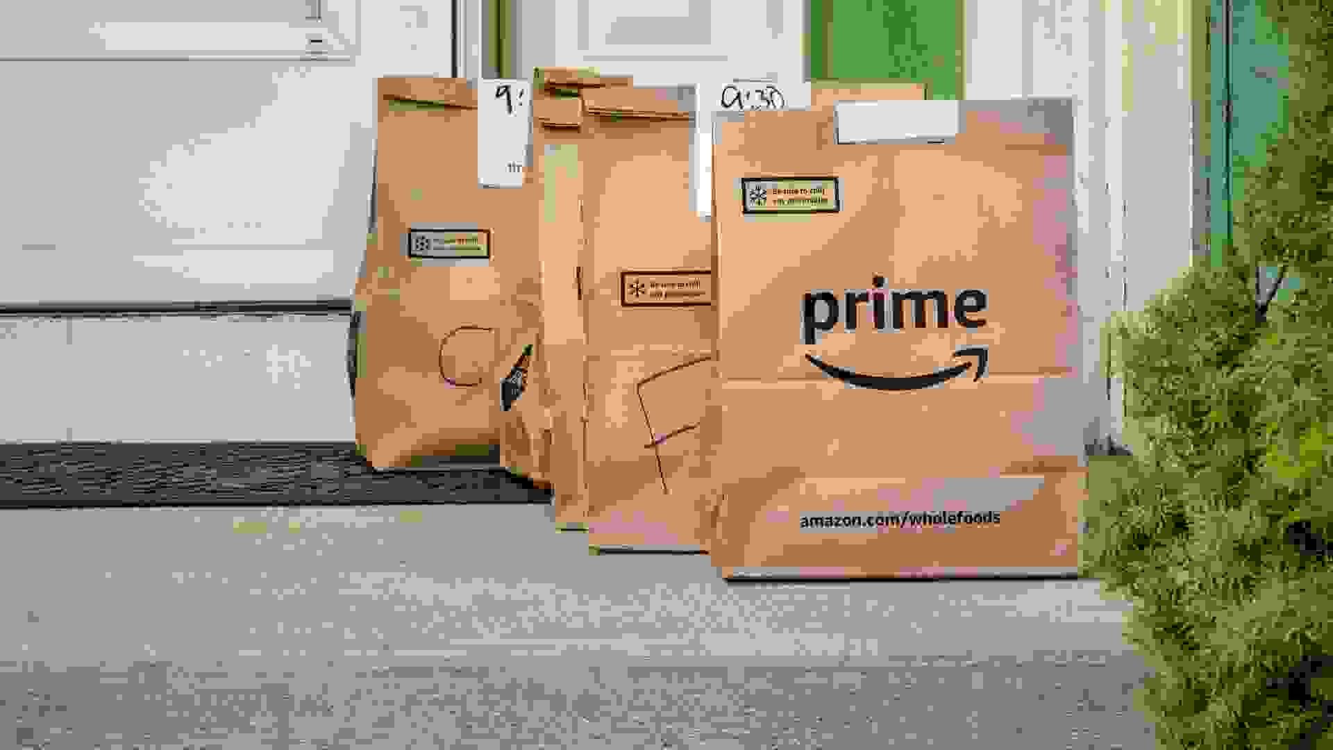 Fort Collins, CO, USA - March 31, 2020: Brown bags with groceries and fresh produce delivered to house from Whole Food Market and order through Amazon Prime.