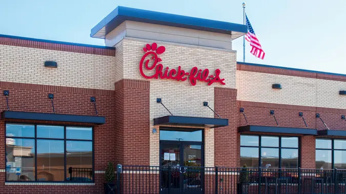 08_05_2020 Tulsa USA _ Chick-fil-A store with American flag.