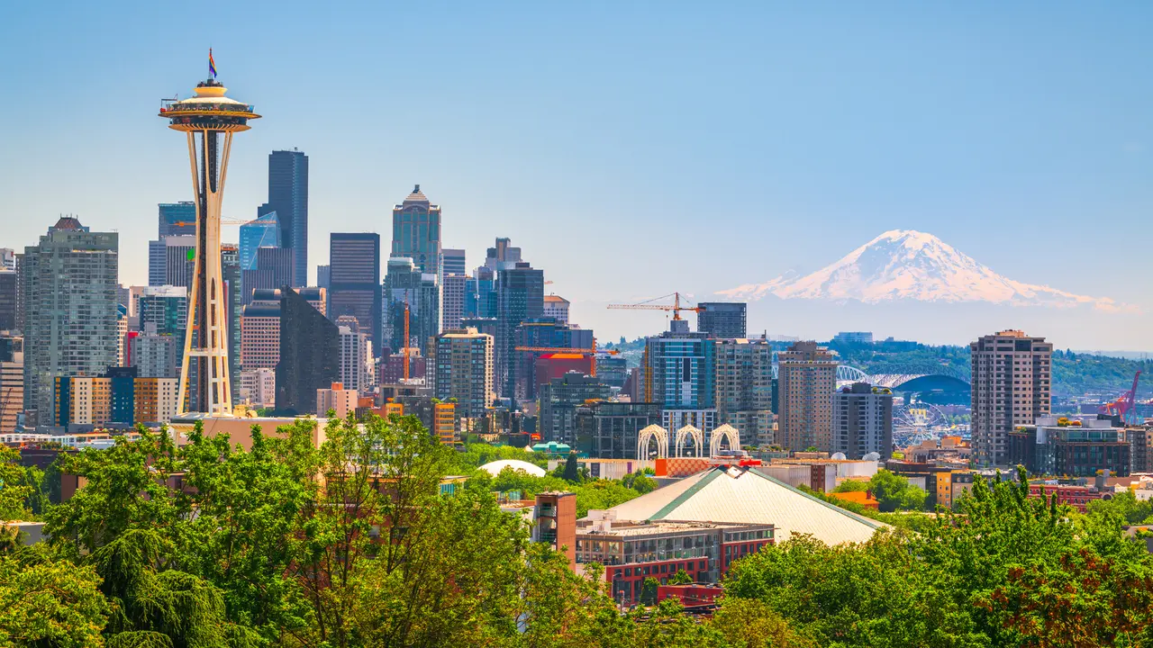 Seattle, Washington, USA downtown skyline with Mt.