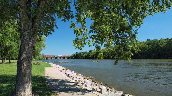 The Rock River, seen from Traxel Park in Janesville, Wisconsin.