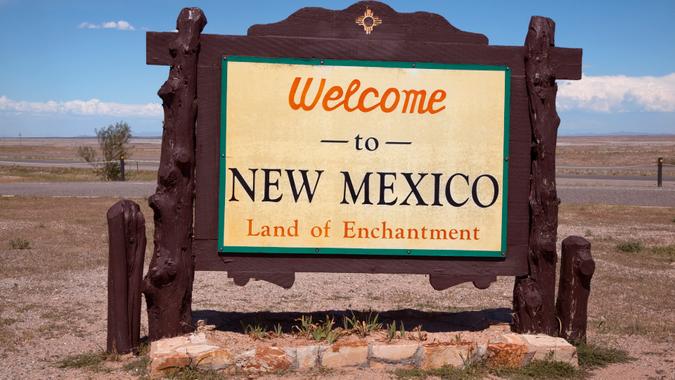 Welcome to New Mexico  road sign just across the Texas state line.