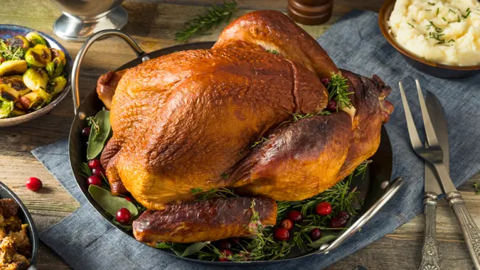 Organic Homemade Smoked Turkey Dinner for Thanksgiving with Sides.