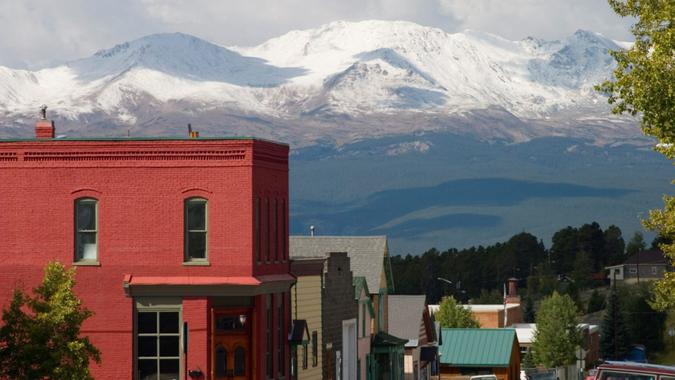 Historic Leadville with snow covered Mount Massive in the background.