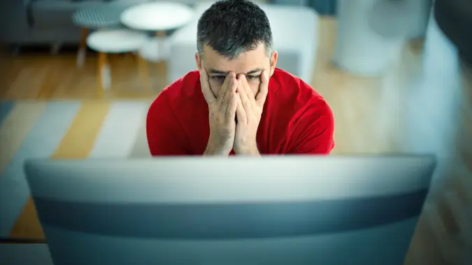 Mental burnout at home office stock photo