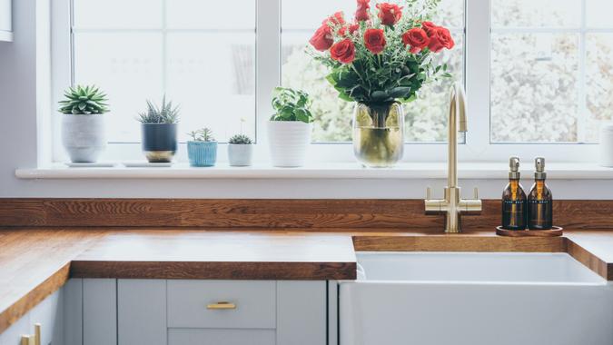 Modern and bright domestic kitchen with succulent plants, herbs and roses on window sill Modern and bright shaker style kitchen with wood worktop and Belfast sink.