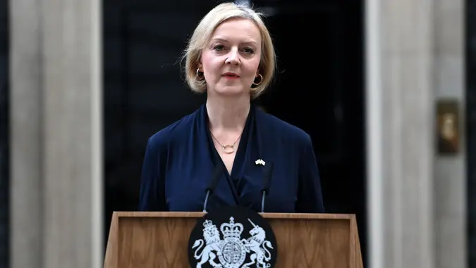 Mandatory Credit: Photo by Shutterstock (13481483c)British Prime Minister Liz Truss delivers a resignation statement outside 10 Downing Street in London.