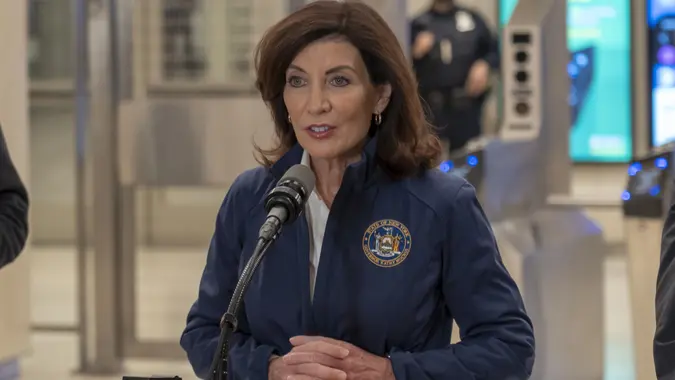 Mandatory Credit: Photo by Ron Adar/Shutterstock (13487196x)New York State Governor Kathy Hochul speaks during announcement of expanded initiatives to keep New York City subways safe and address transit crime on October 22, 2022 in New York City.