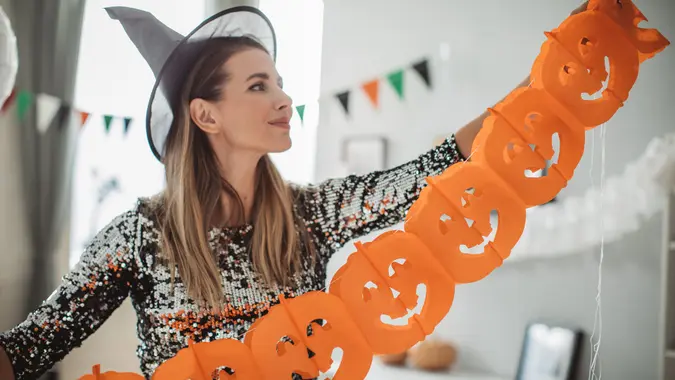 Decorating home for Halloween stock photo