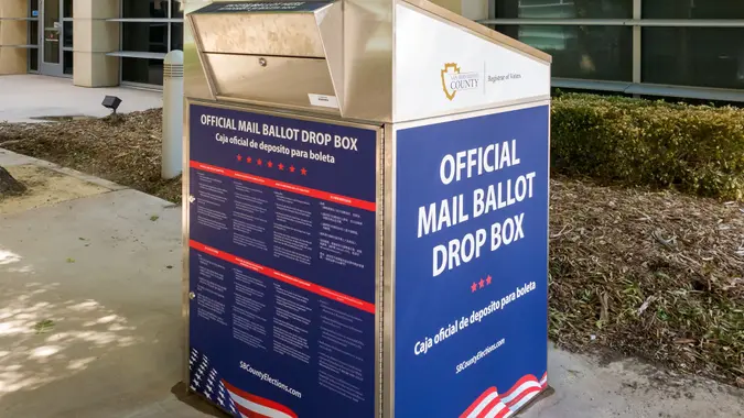 An Official Mail Ballot Drop Box for San Bernardino County stock photo