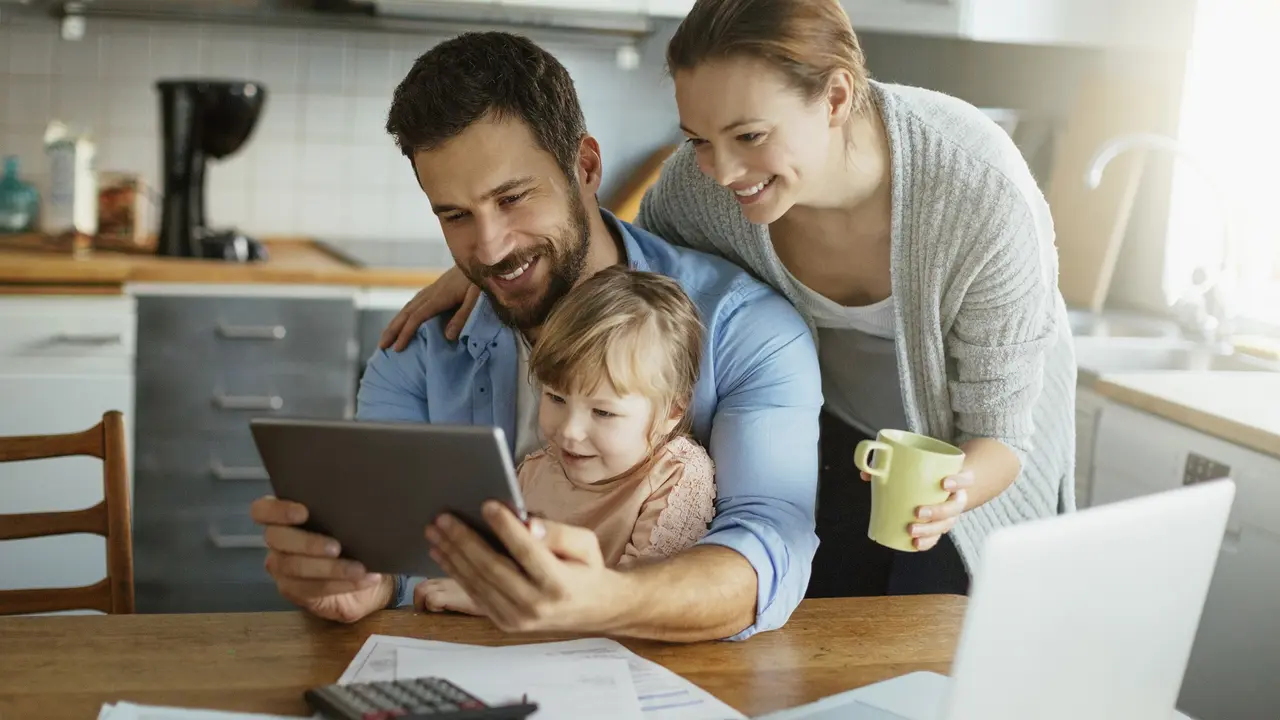 Young family enjoying time home stock photo