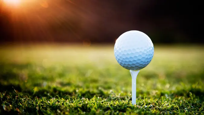 Close up of golf ball on tee.