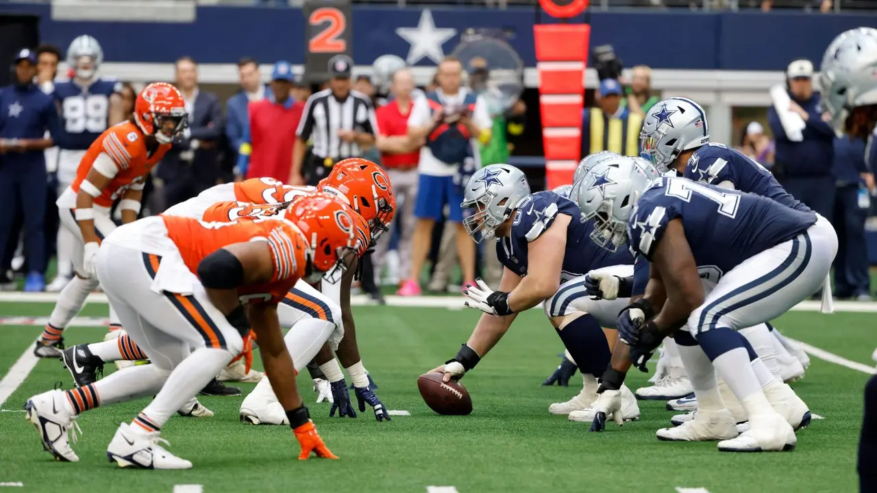 Mandatory Credit: Photo by Michael Ainsworth/AP/Shutterstock (13578376op)The Dallas Cowboys on the line of scrimmage against the Chicago Bears during an NFL Football game in Arlington, TexasBears Cowboys Football, Arlington, United States - 30 Oct 2022.